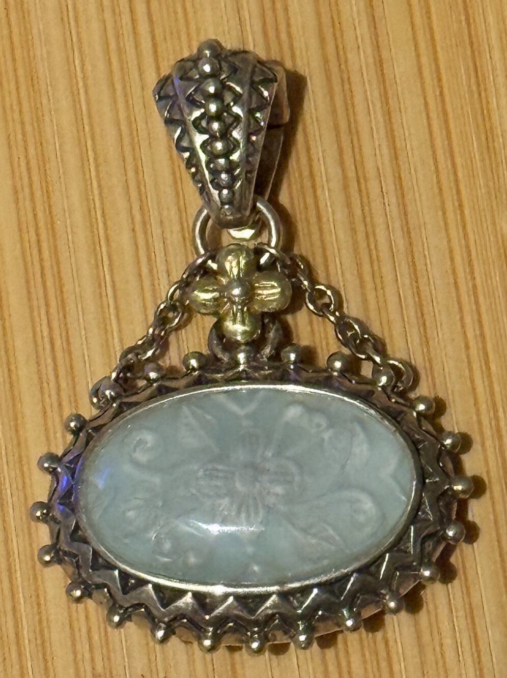 Barbara Bixby 925 Sterling 18K Gold Carved Aquamarine Pendant Enhancer 15g